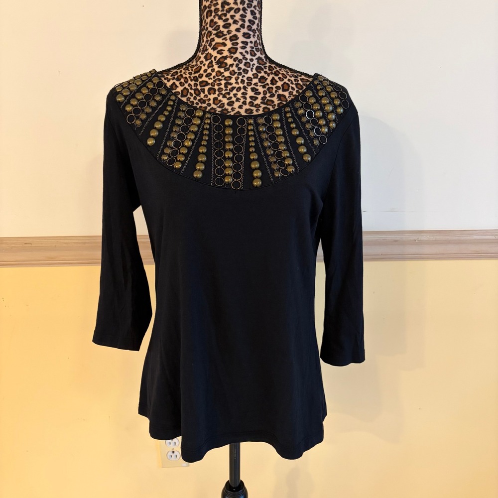Dana Buchman Black 3/4 Sleeve Studded Embellished‎ Scoop Neck Top Small